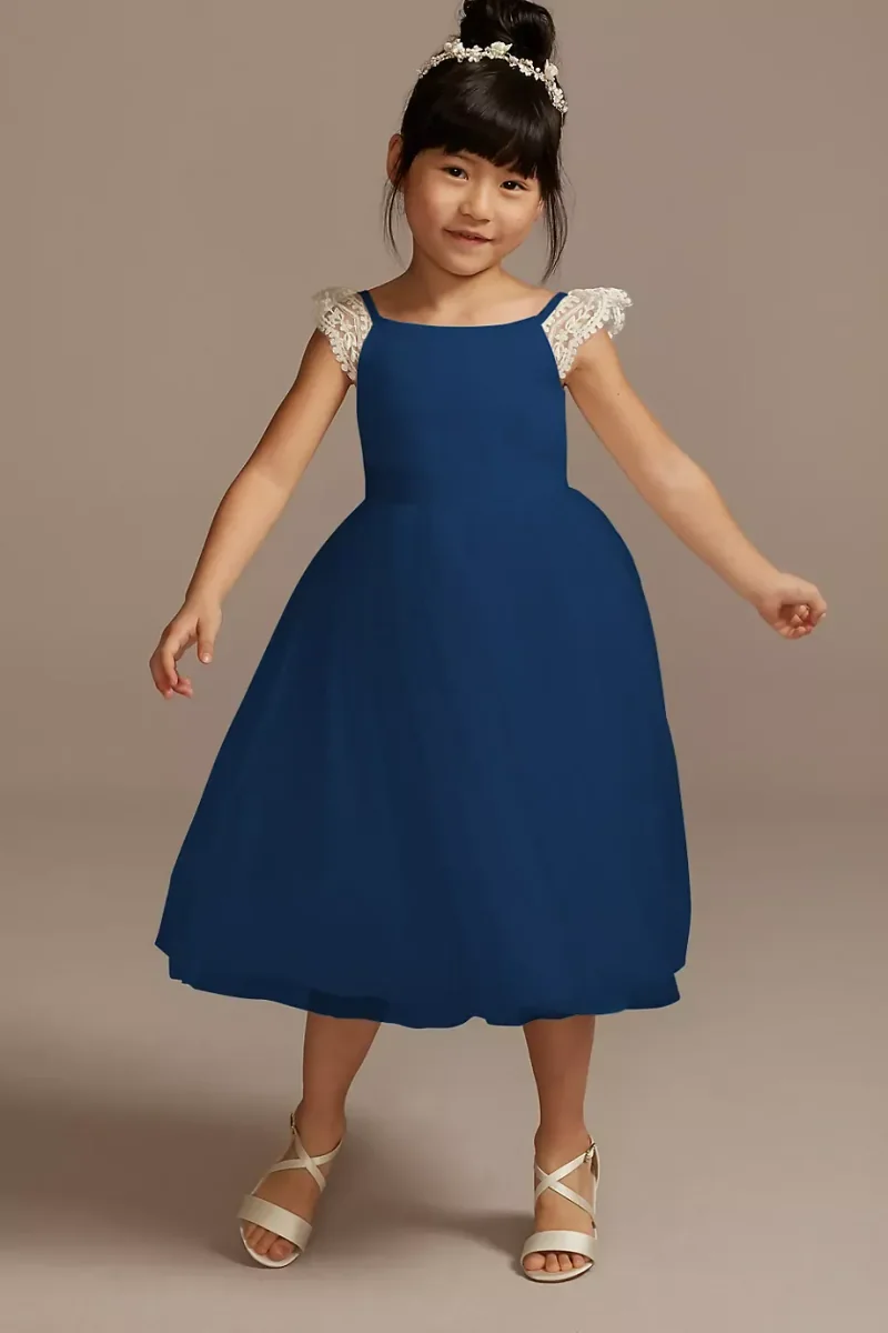 Crochet Cap Sleeve Ruffle Flower Girl Dress in Ivory/Marine Size: 12 David's Bridal