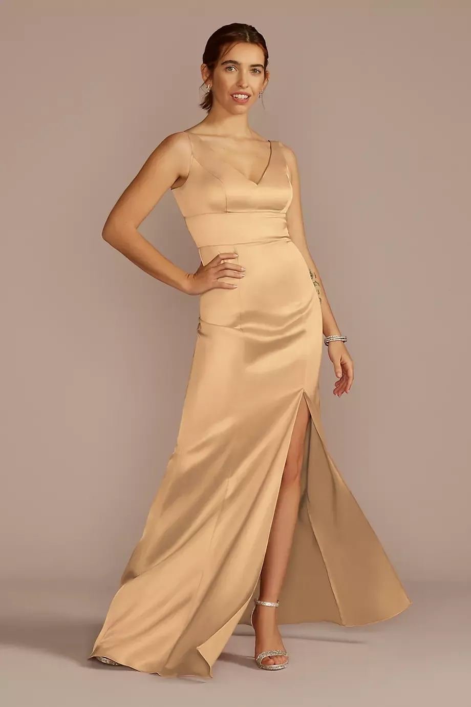 Celebrate DB Studio Stretch Satin V-Neck Tank Sheath Dress in Golden Size: 20 David's Bridal