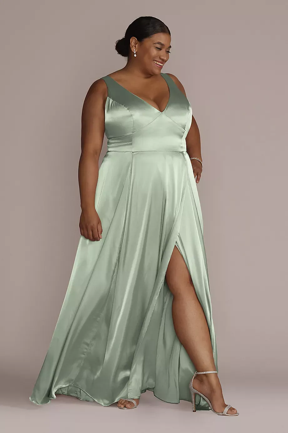 As Is Charmeuse Tank V-Neck Dress With Slit in Dusty Sage Size: 4 David's Bridal