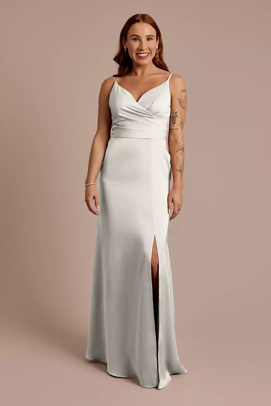 Celebrate DB Studio Matte Satin Spaghetti Strap Surplice A-Line Dress in Silver Size: 28 David's Bridal