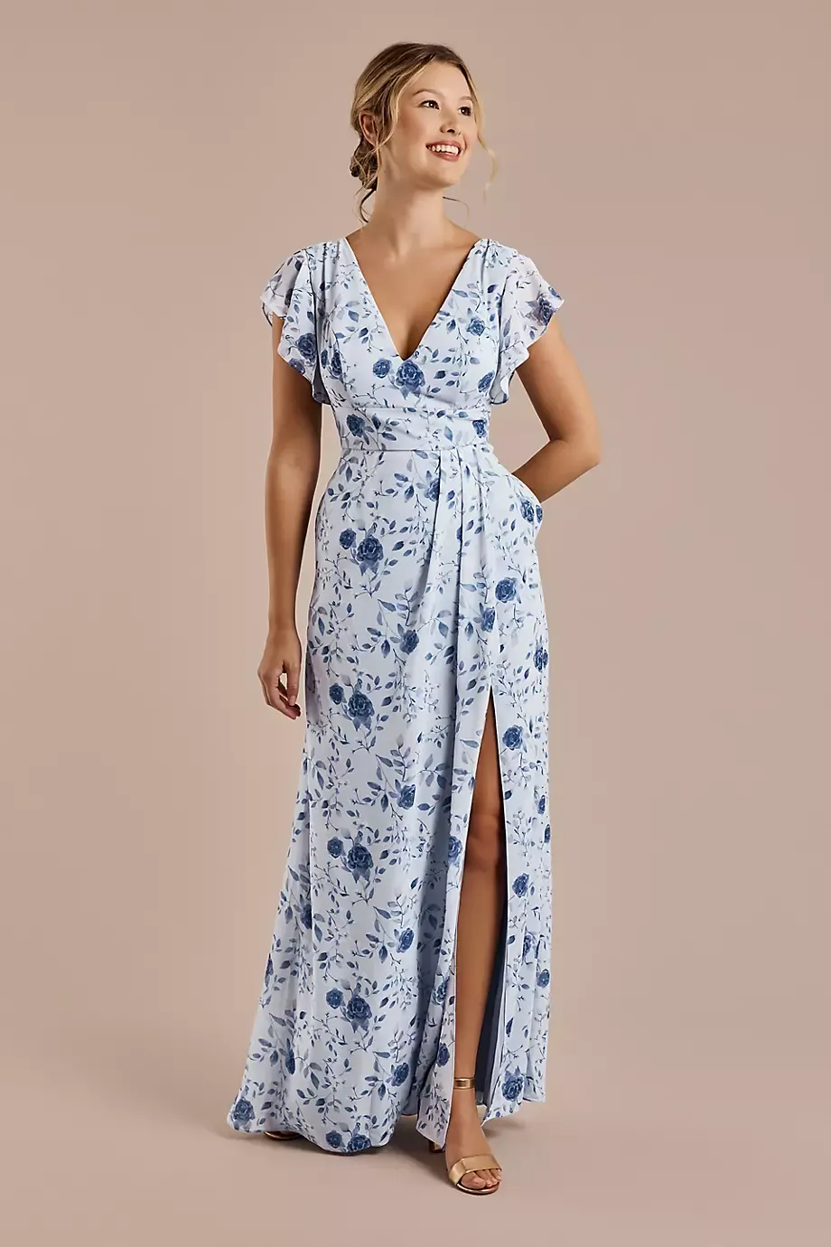 Celebrate DB Studio Floral Chiffon Flutter Sleeve V-Neck Dress in Dusty Blue Rose Floral Print Size: 4 David's Bridal