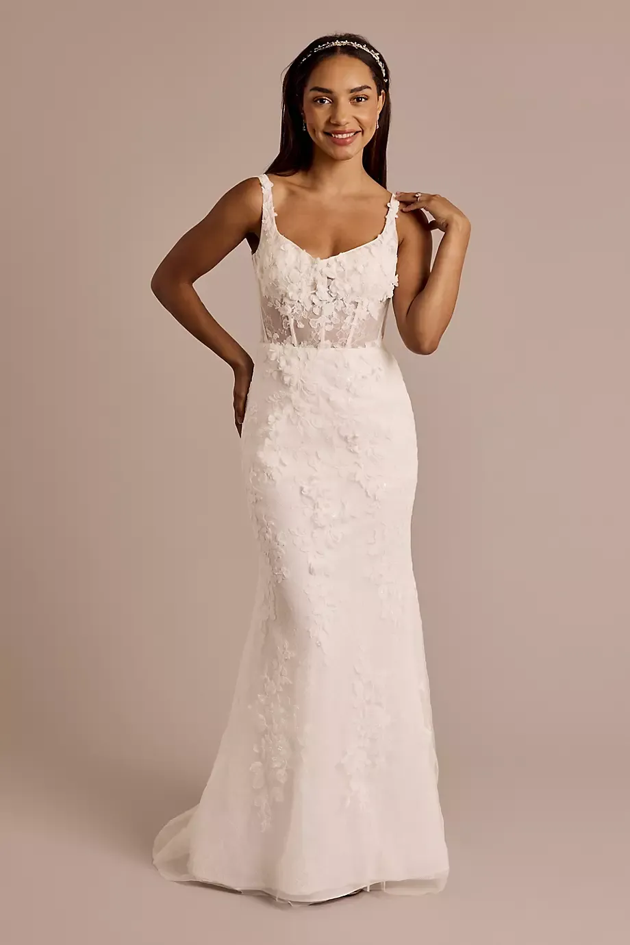 Melissa Sweet 3D Floral Illusion Corset Bodice Wedding Dress in Soft White Size: 8 David's Bridal