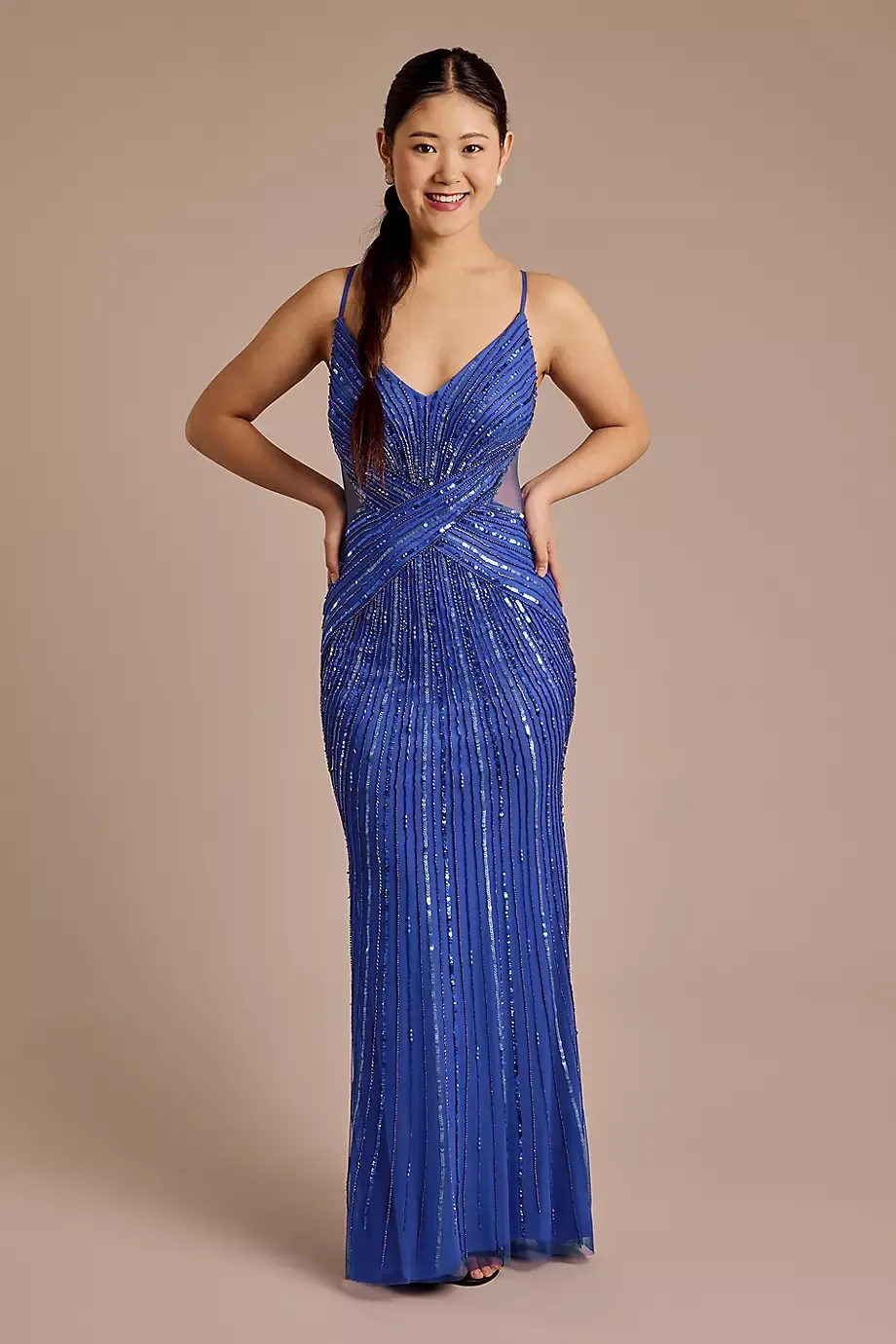 Jules and Cleo Sunburst Beaded Sheath Dress With Mesh Cutouts in Cobalt Size: 2 David's Bridal