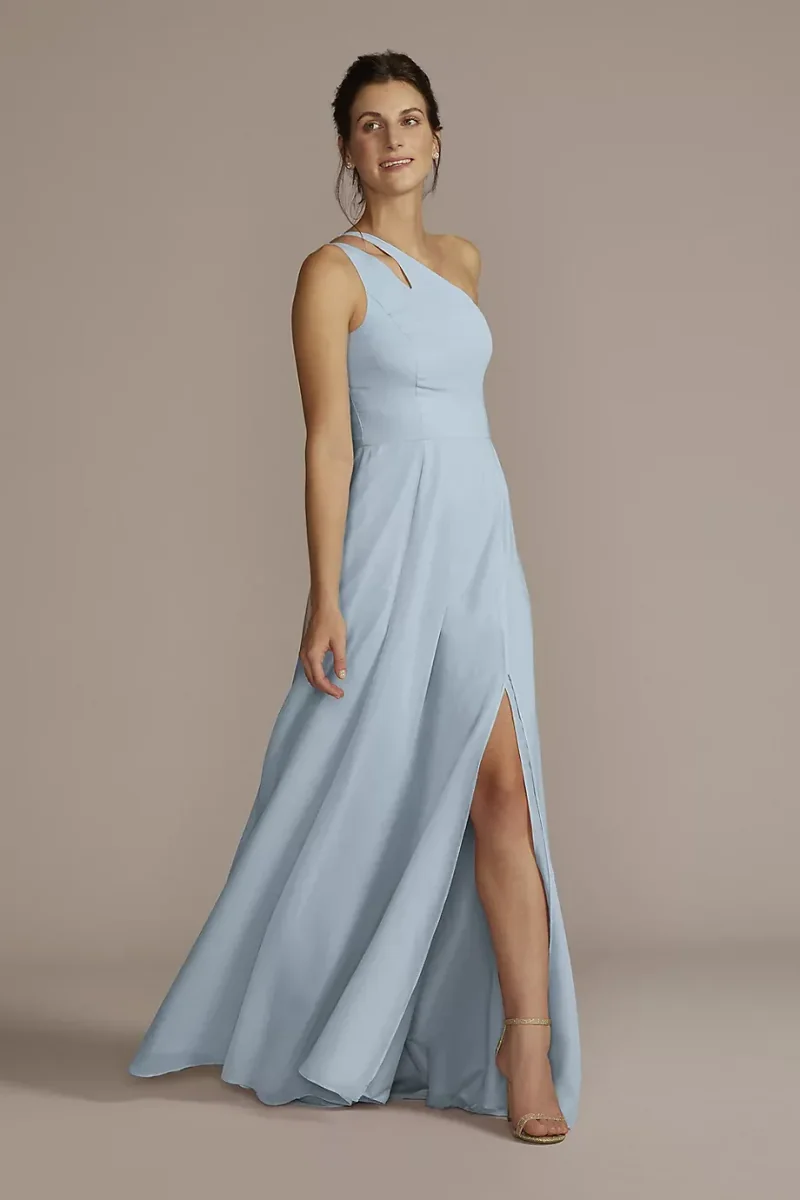 Celebrate DB Studio Chiffon One-Shoulder Cutout Dress in Dusty Blue Size: 20 David's Bridal
