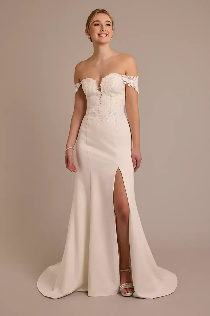 DB Studio Stretch Crepe Plunge Mermaid Wedding Dress in Soft White Size: 0P David's Bridal