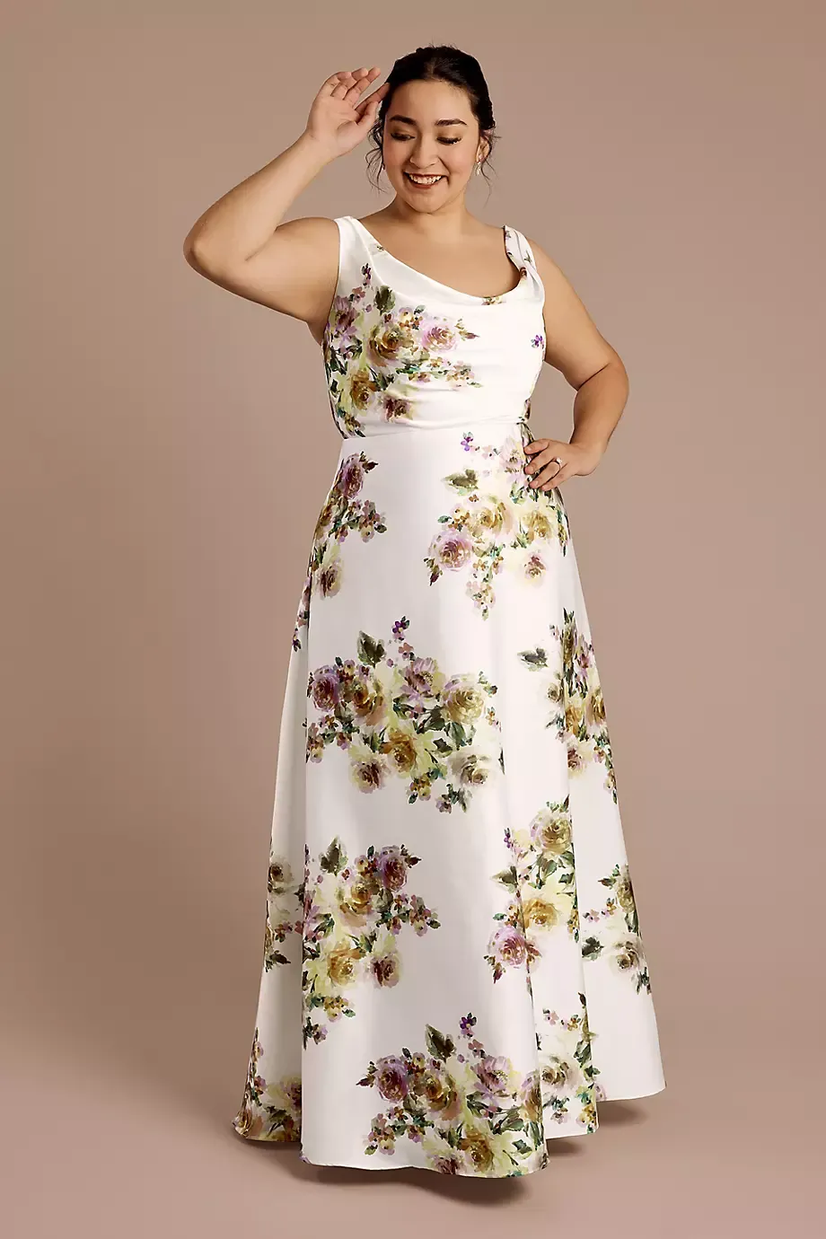 Celebrate DB Studio Floral Matte Satin Cowl Neck Tie Back Dress in White Bouquet Floral Print Size: 28 David's Bridal