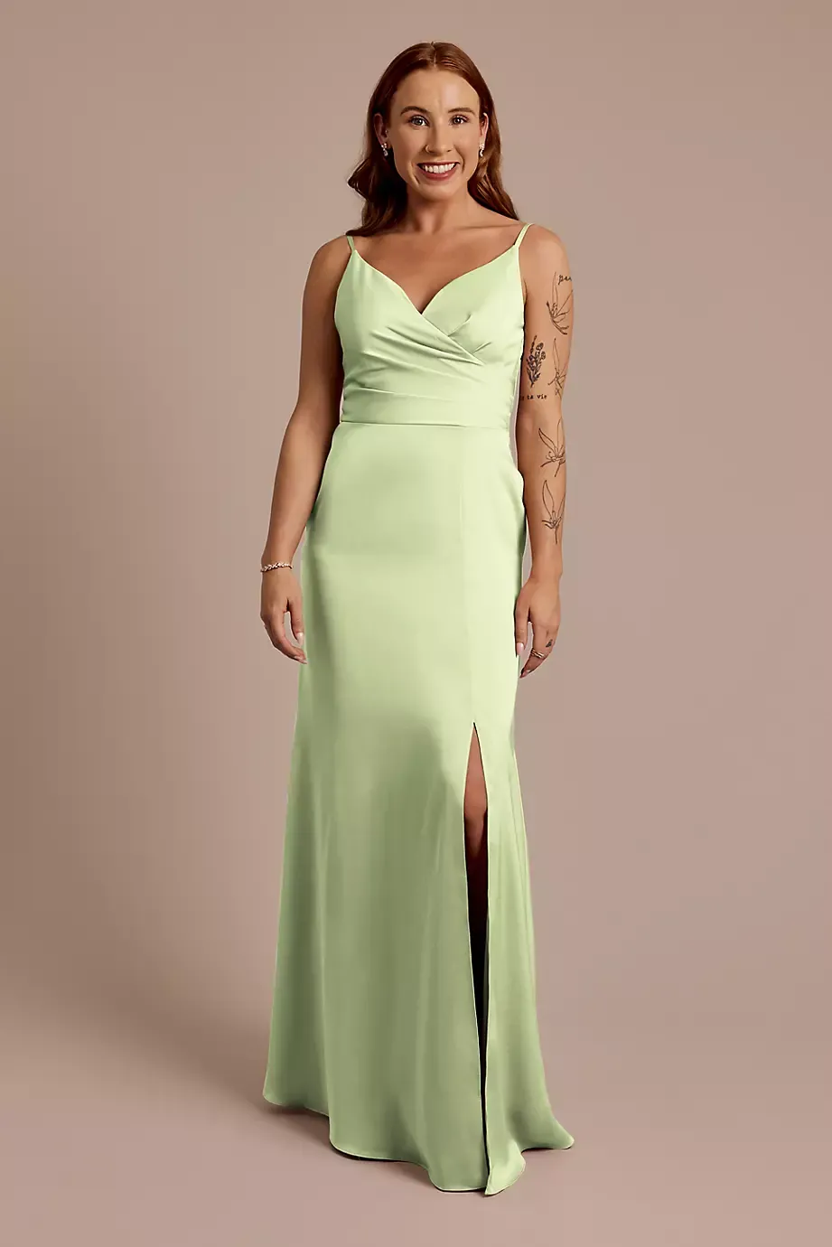 Celebrate DB Studio Matte Satin Spaghetti Strap Surplice A-Line Dress in Pistachio Size: 26 David's Bridal