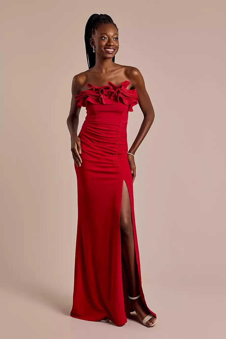 Emerald Sundae Strapless Crepe Sheath Dress With Ruffle Neckline in Red Size: XS David's Bridal