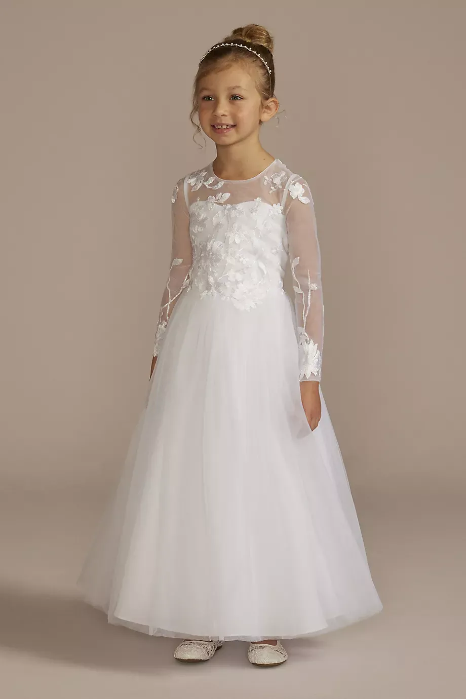 DB Studio Floral Applique Long Sleeve Communion Dress in White Size: 2T David's Bridal