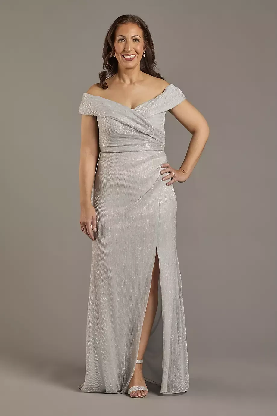 Oleg Cassini Metallic Knit Off-The-Shoulder Dress With Slit in Silver Size: 4 David's Bridal