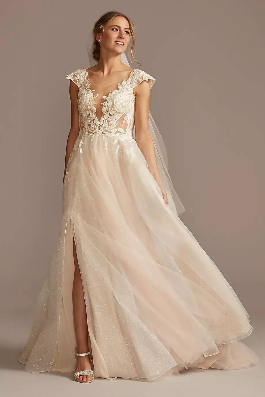 As Is Cap Sleeve Lace Appliqued Wedding Dress in Ivory/Cashmere Size: 6 David's Bridal