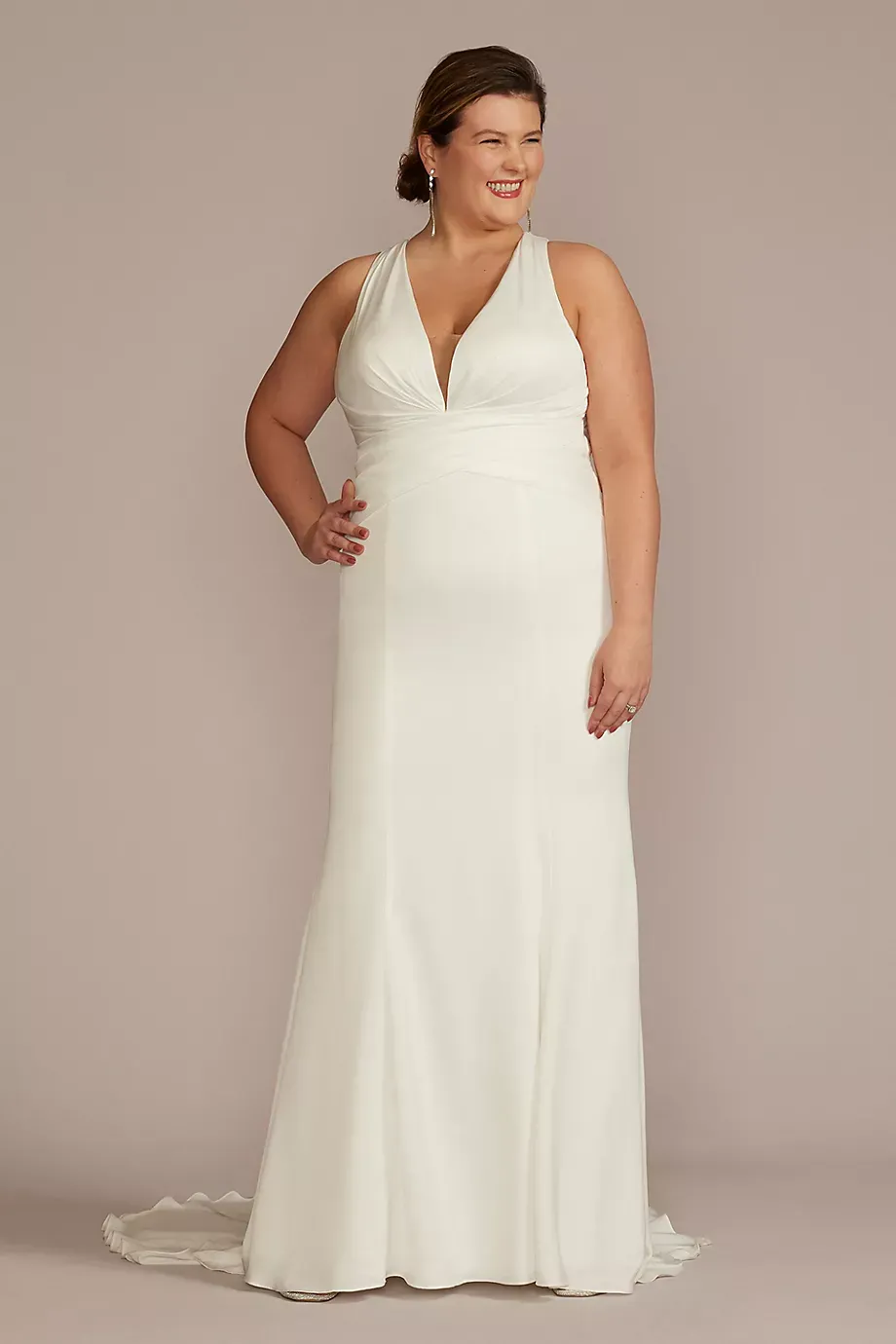 DB Studio Crepe Back Satin Sheath Plus Size Wedding Dress in Soft White Size: 22W David's Bridal