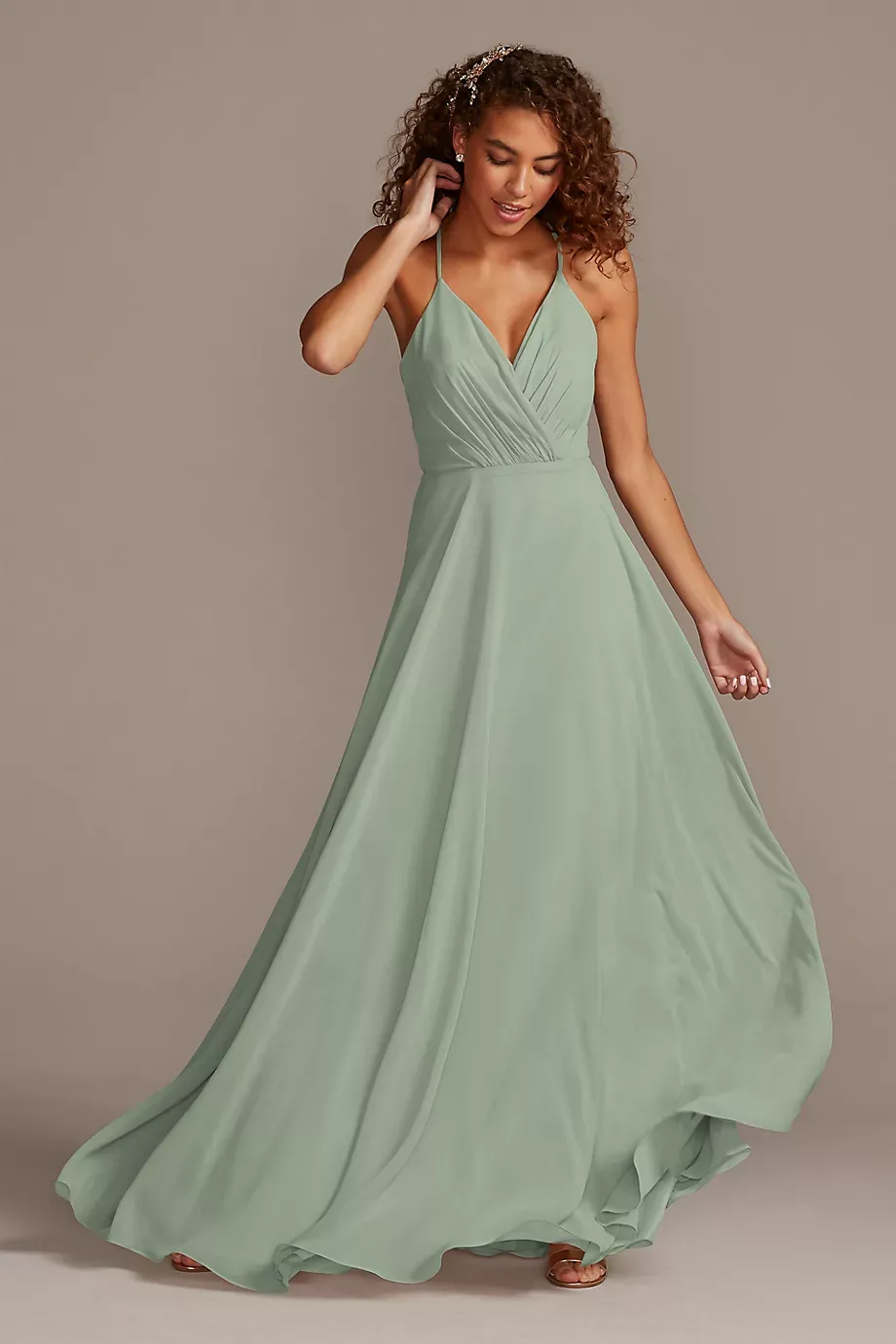 Celebrate DB Studio Spaghetti Strap Full Skirt Dress in Dusty Sage Size: 26 David's Bridal