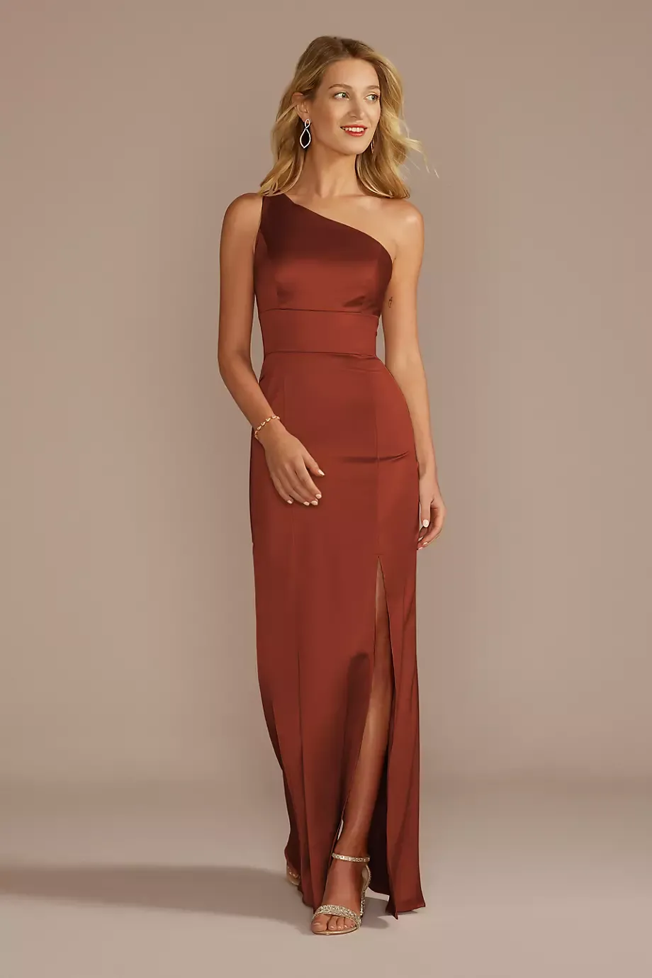 Celebrate DB Studio Stretch Satin One-Shoulder Sheath Dress in Cinnamon Size: 24 David's Bridal