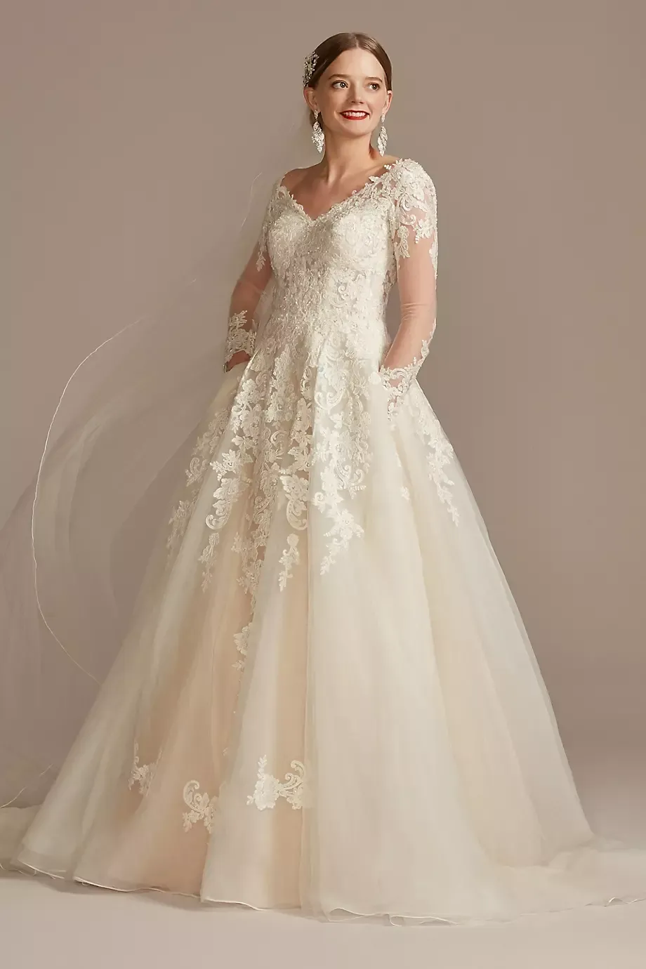 David's Bridal Collection Sheer Lace And Tulle Ball Gown Wedding Dress in Solid Ivory Size: 14P David's Bridal
