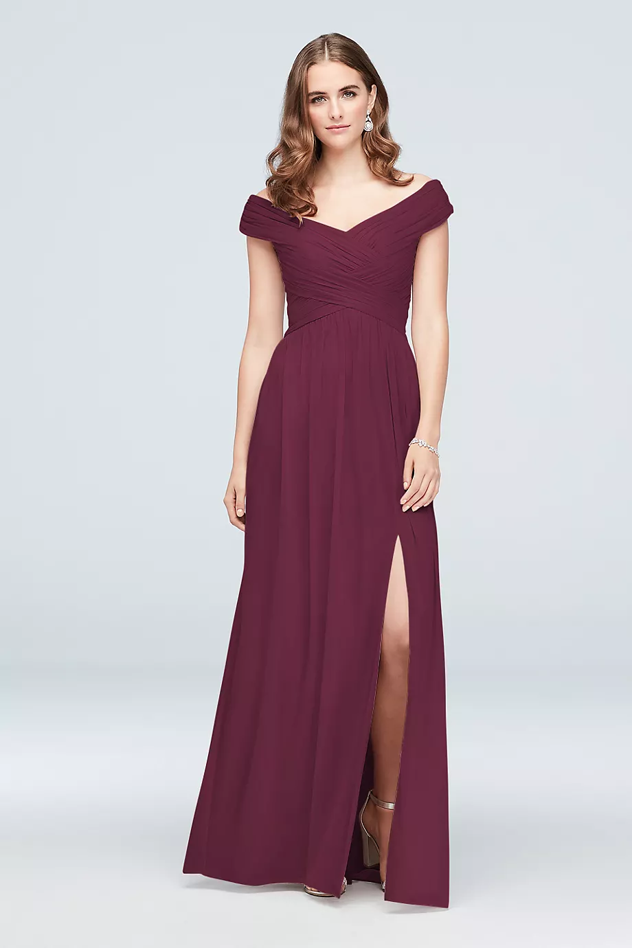 Celebrate DB Studio Off-The-Shoulder Mesh Tall Bridesmaid Dress in Wine Size: 10 David's Bridal
