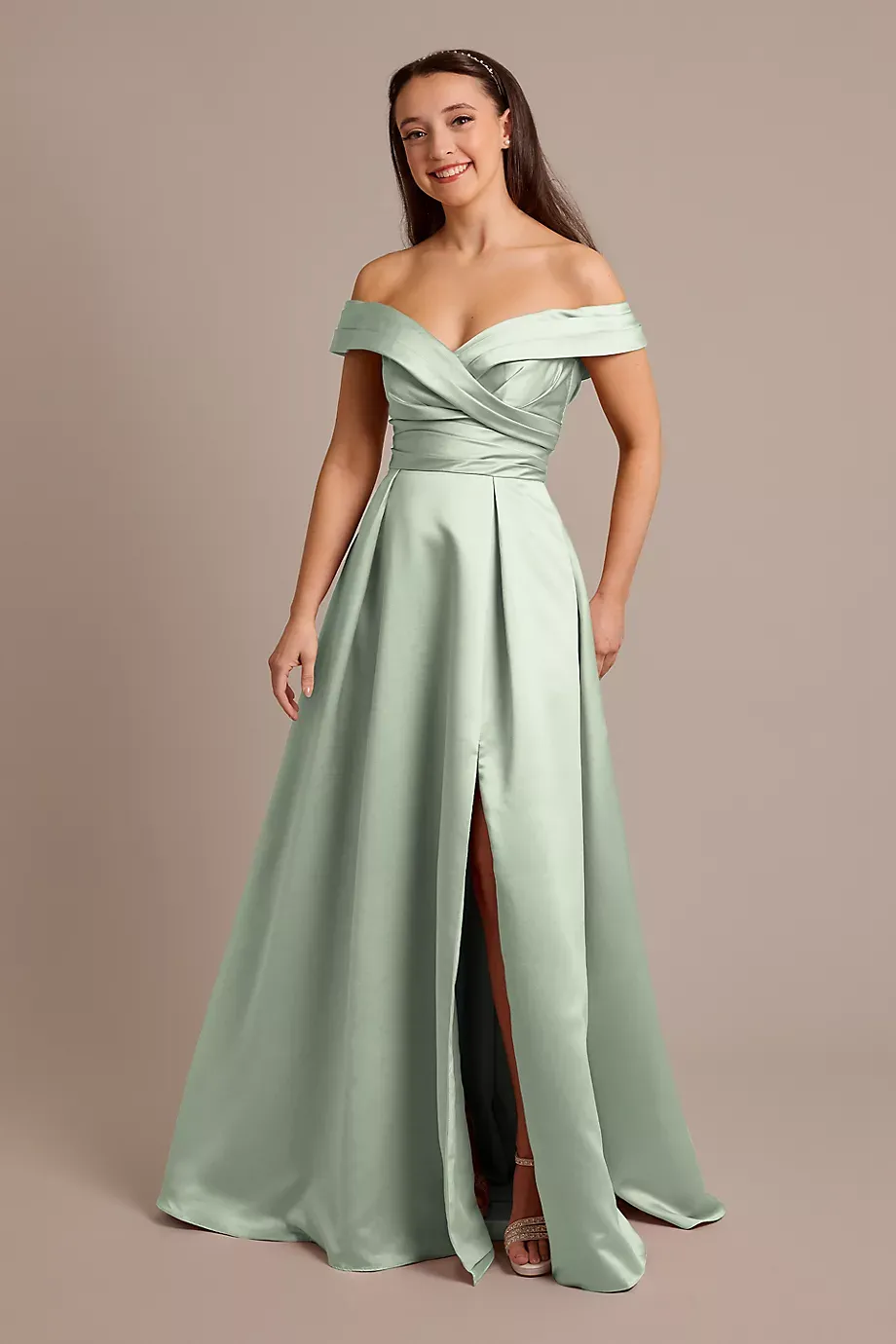 Celebrate DB Studio Satin Off-The-Shoulder Ball Gown Dress in Dusty Sage Size: 14 David's Bridal