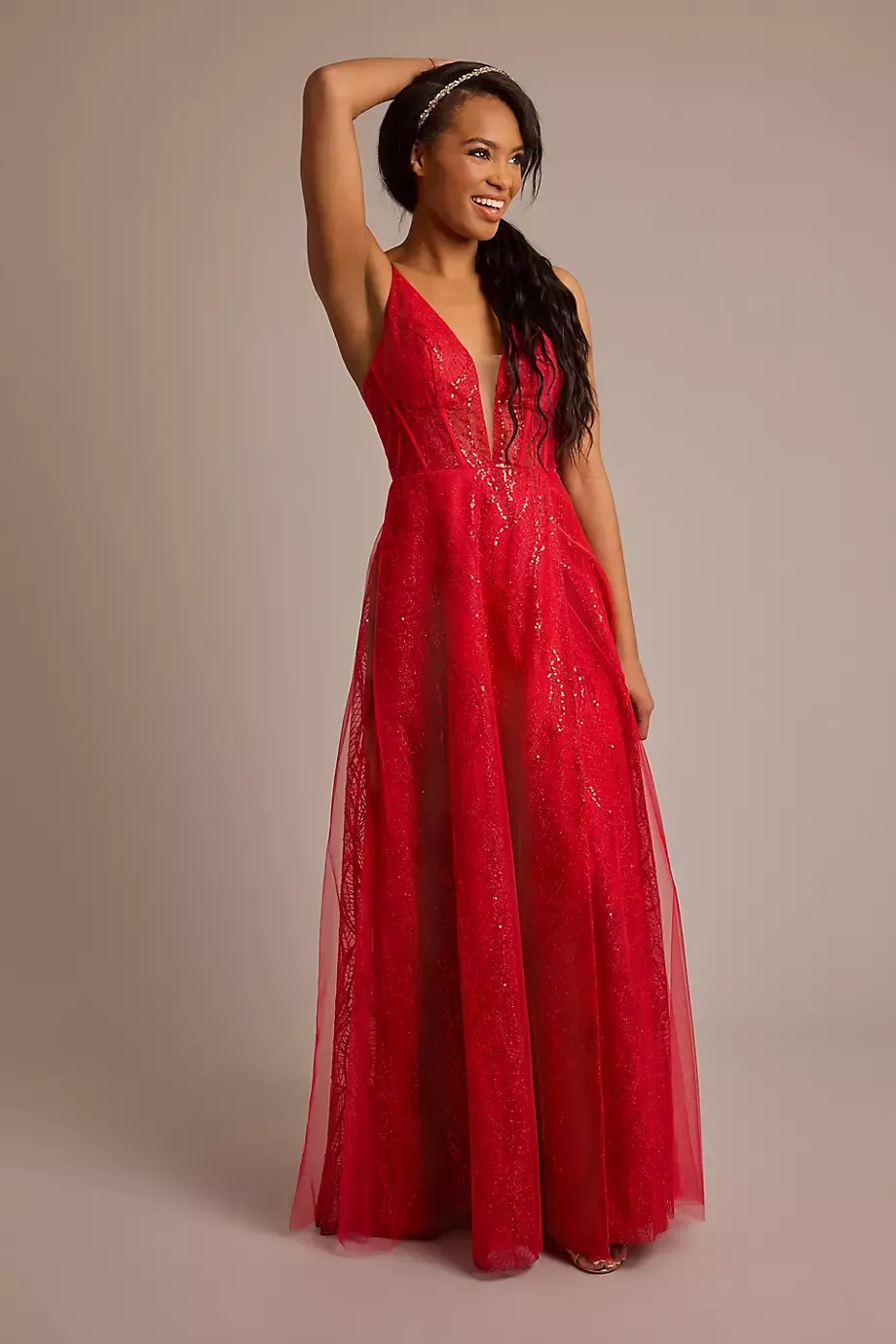 Galina Signature Patterned Sequin A-Line Dress With Plunge Neckline in Red Size: 4 David's Bridal