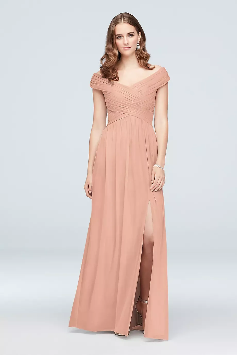 Celebrate DB Studio Crisscross Off-The-Shoulder Mesh Bridesmaid Dress in Petal Size: 4 David's Bridal