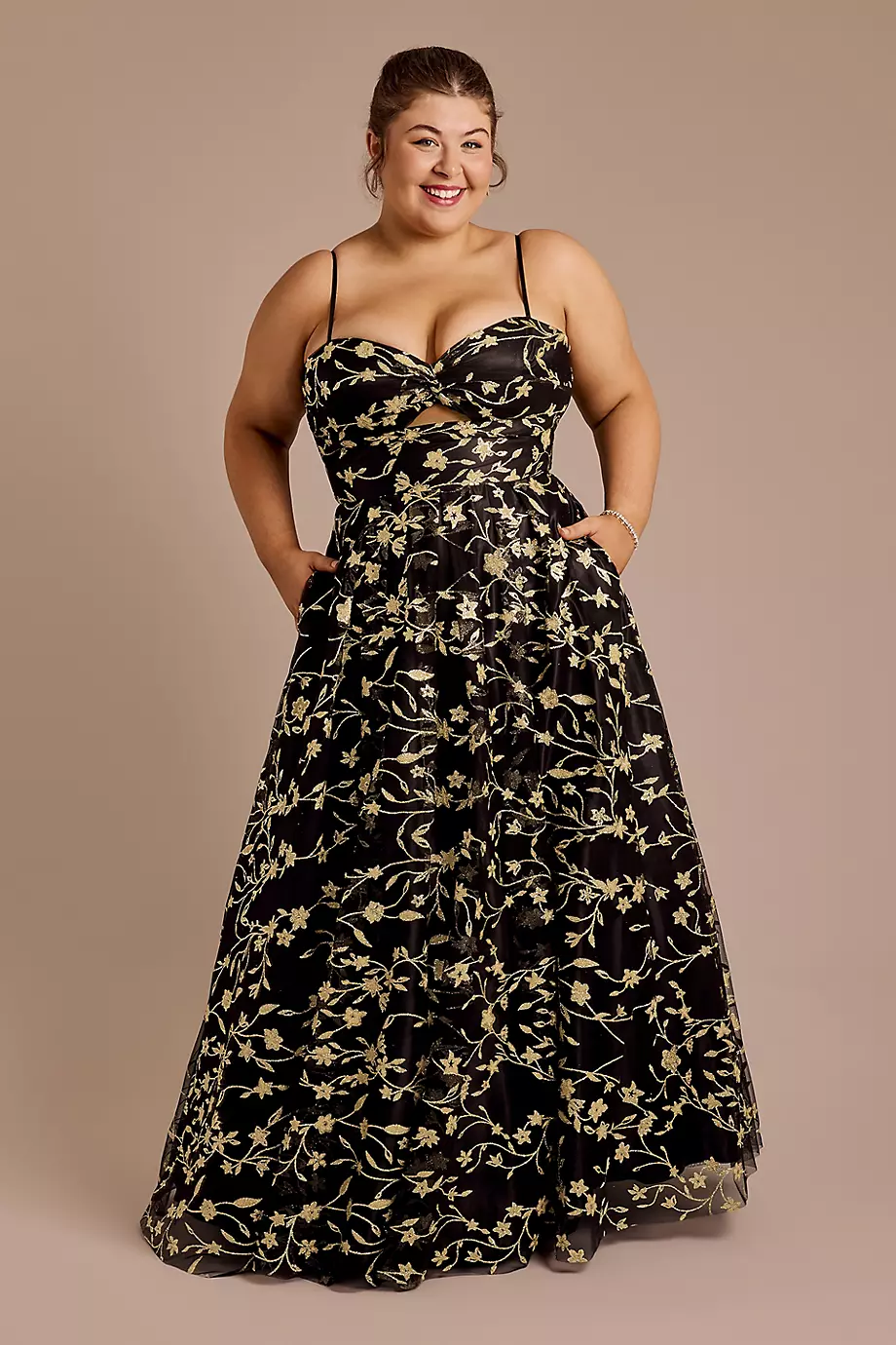Blondie Nites Glitter Floral Print Ball Gown With Bodice Cutout in Black Size: 19 David's Bridal