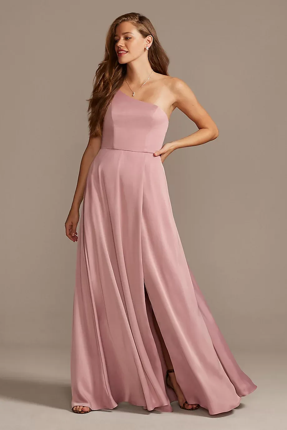 Celebrate DB Studio Crepe-Back Satin One-Shoulder Dress in Quartz Size: 0 David's Bridal