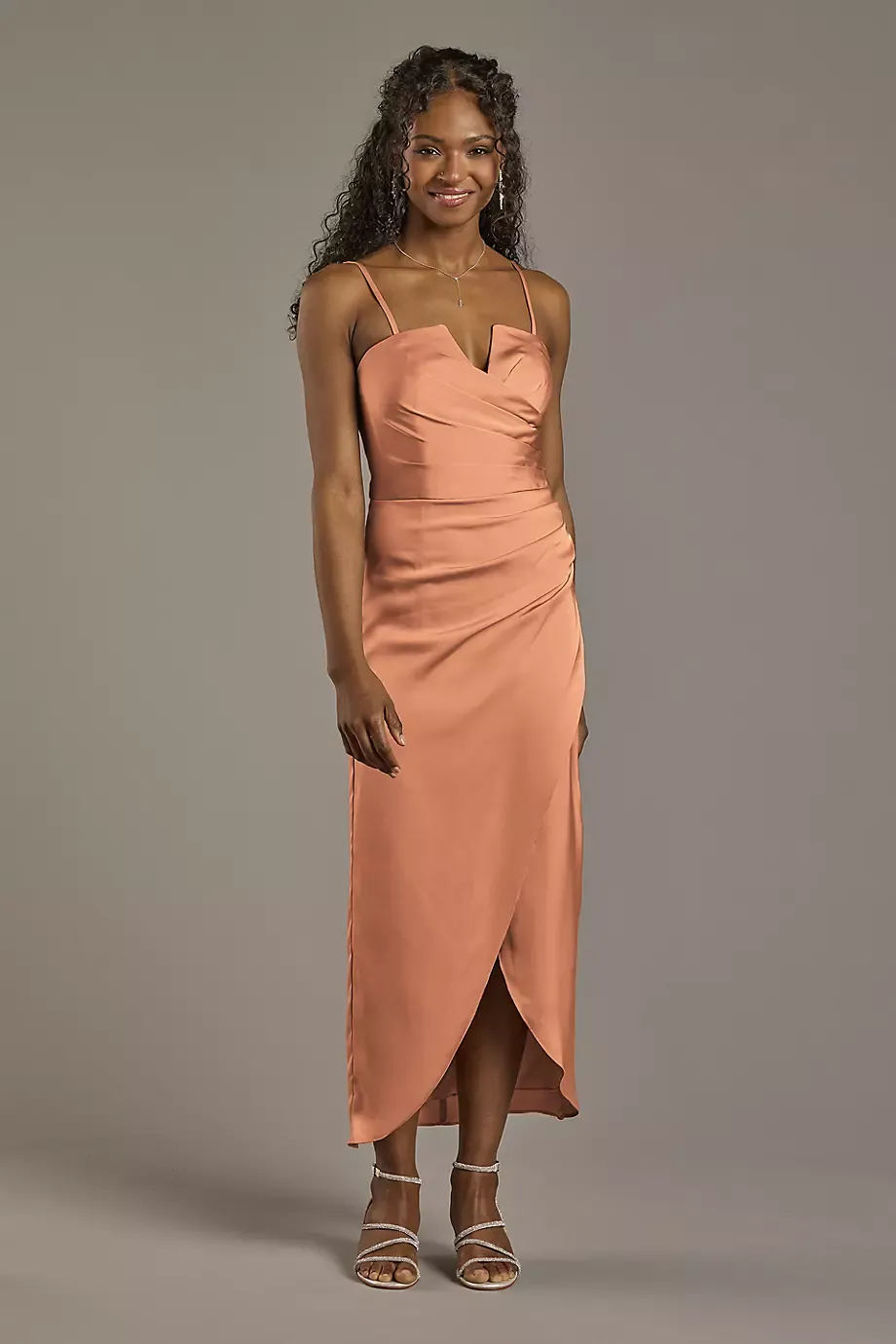 Celebrate DB Studio Matte Satin V-Notch Midi Dress in Terracotta Size: 26 David's Bridal
