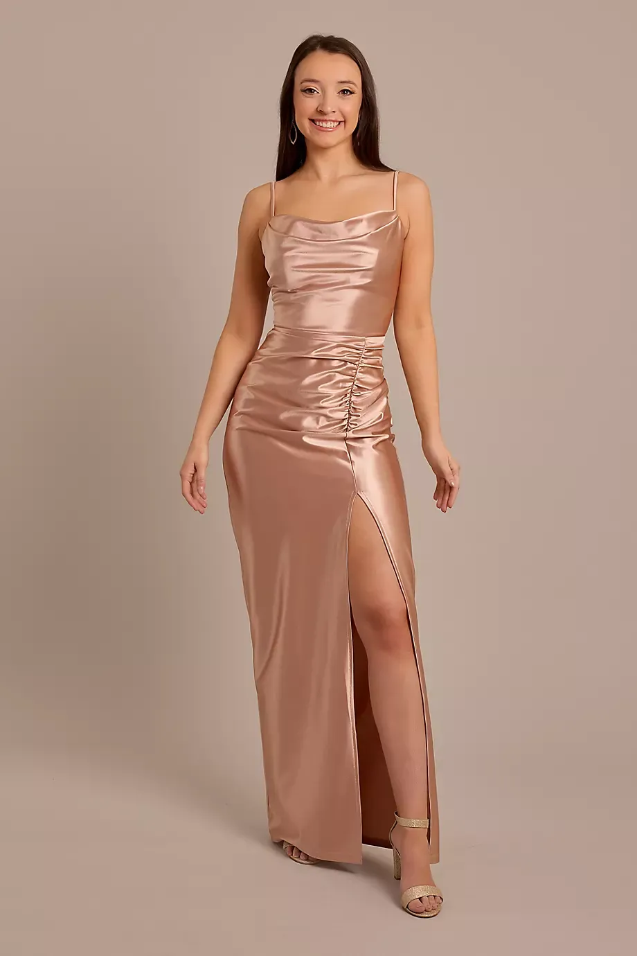 Celebrate DB Studio Sculpting Satin Cowl Neck Ruched Dress in Sand Size: 8 David's Bridal
