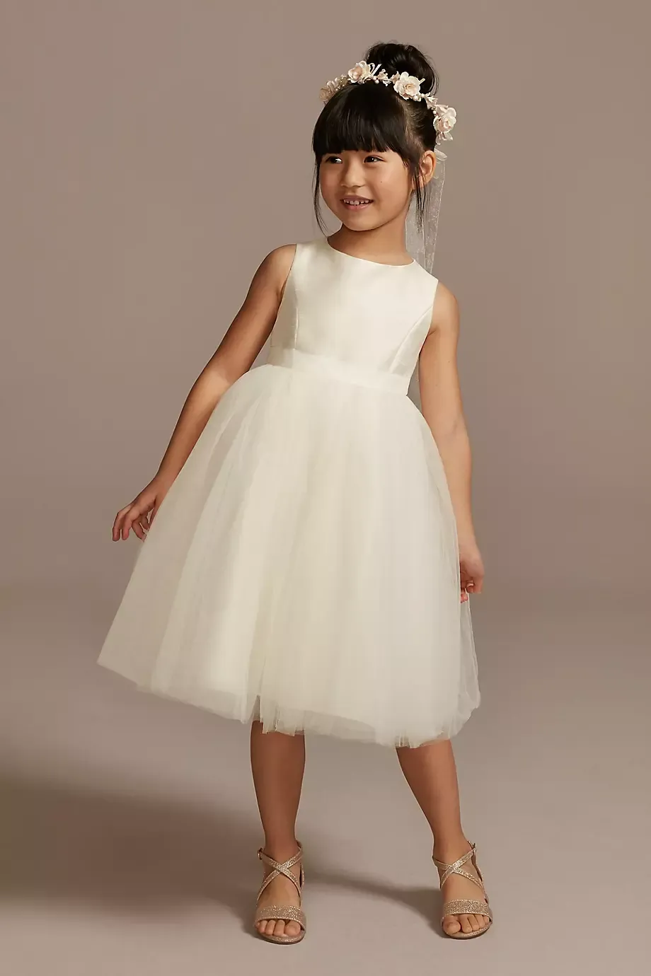 Flower Girl Dress With Tulle And Ribbon Waist in White Size: 4 David's Bridal