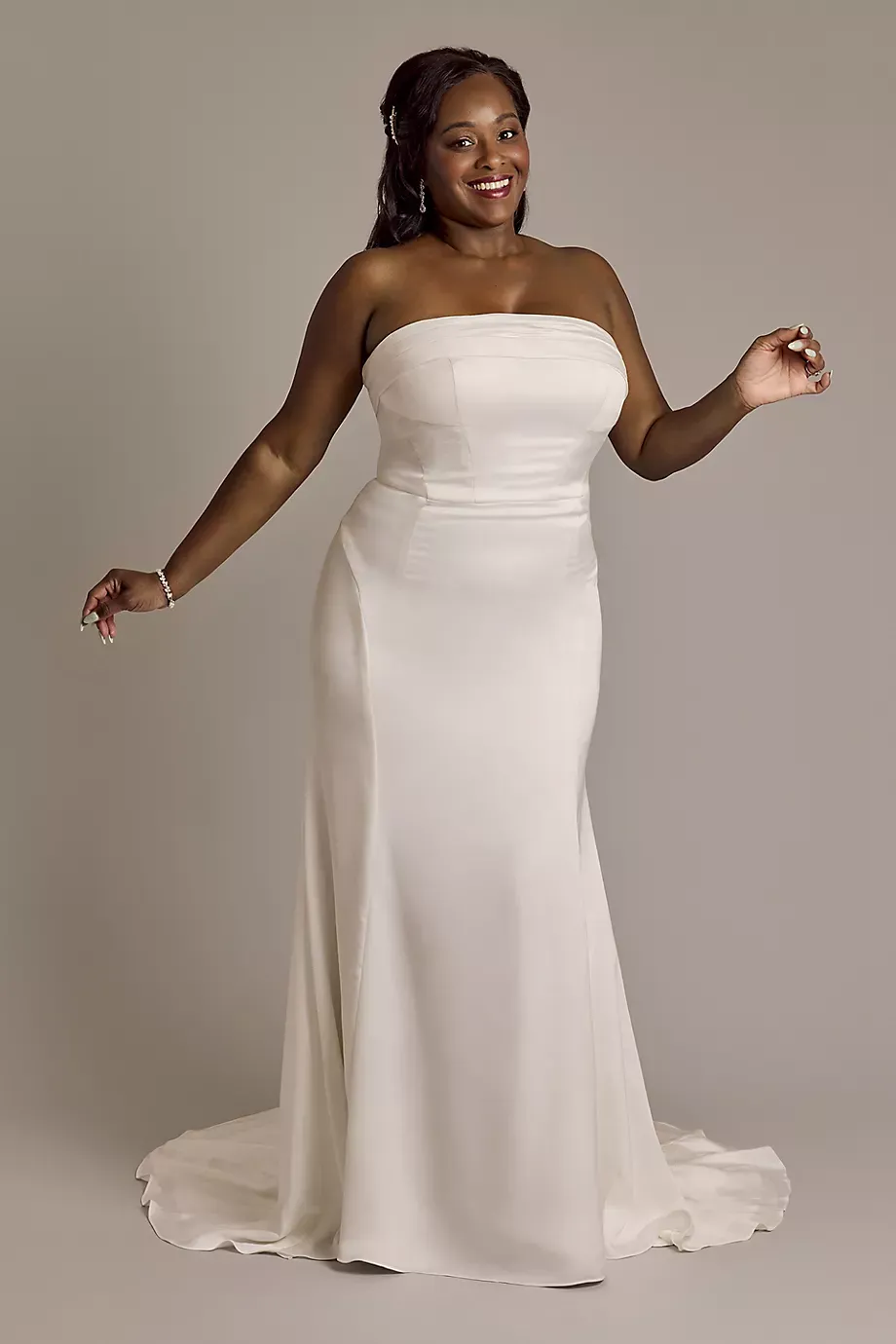 Oleg Cassini Satin Straight-Neck Sheath Wedding Dress in Soft White Size: 22W David's Bridal