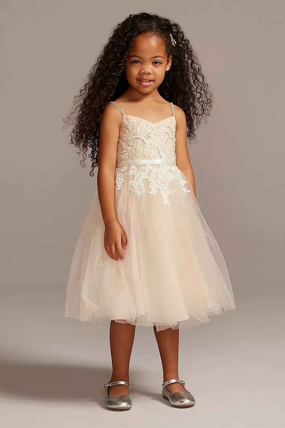 Floral Applique Spaghetti Strap Flower Girl Dress in Ivory/Stone Size: 12 David's Bridal