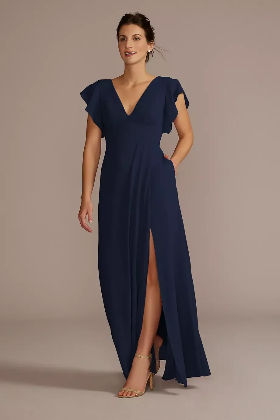Celebrate DB Studio Flutter Sleeve Chiffon V-Neck Dress in Marine Size: 22 David's Bridal