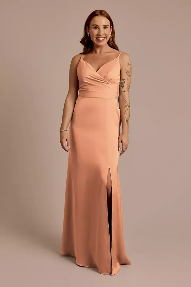 Celebrate DB Studio Matte Satin Spaghetti Strap Surplice A-Line Dress in Terracotta Size: 18 David's Bridal