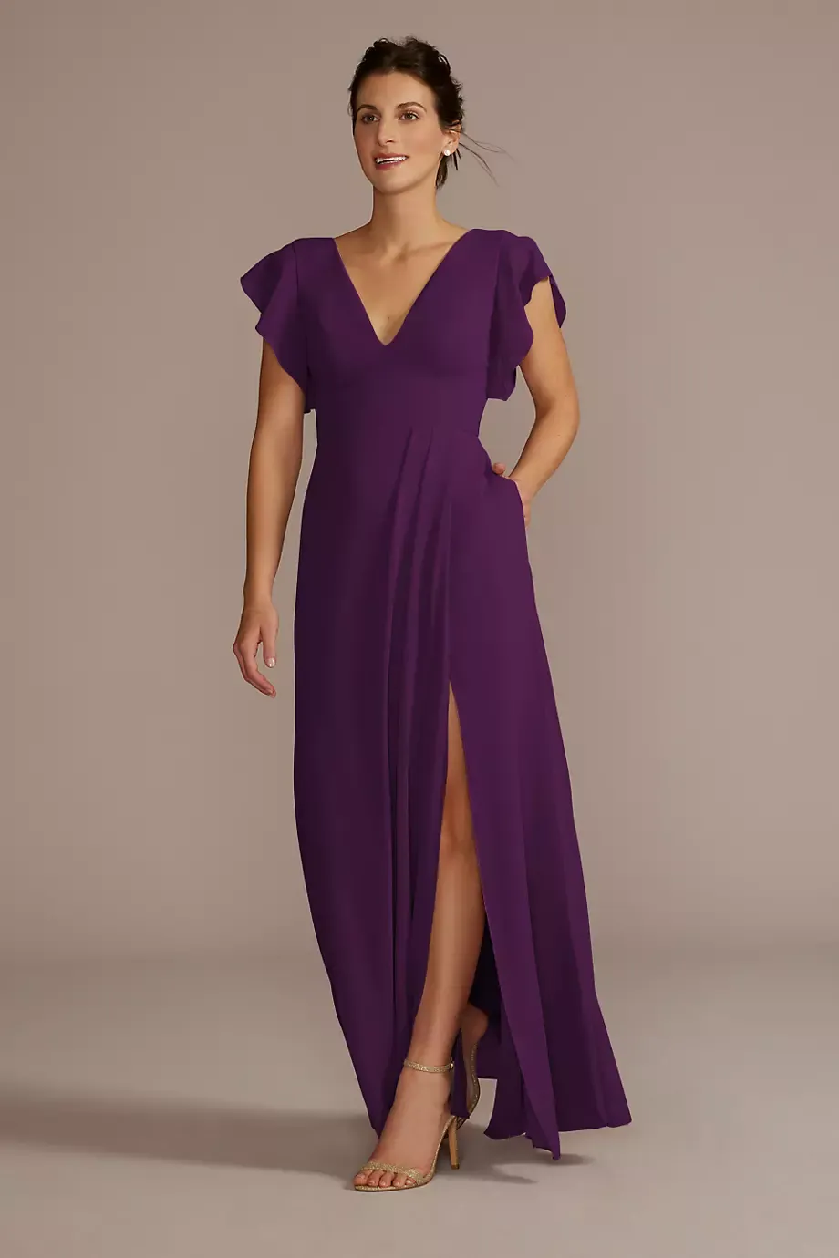 Celebrate DB Studio Flutter Sleeve Chiffon V-Neck Dress in Plum Size: 6 David's Bridal