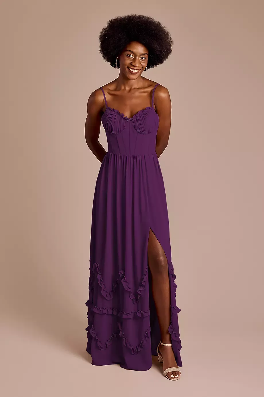 Celebrate DB Studio Ruffled Chiffon Spaghetti Strap Dress in Plum Size: 18 David's Bridal