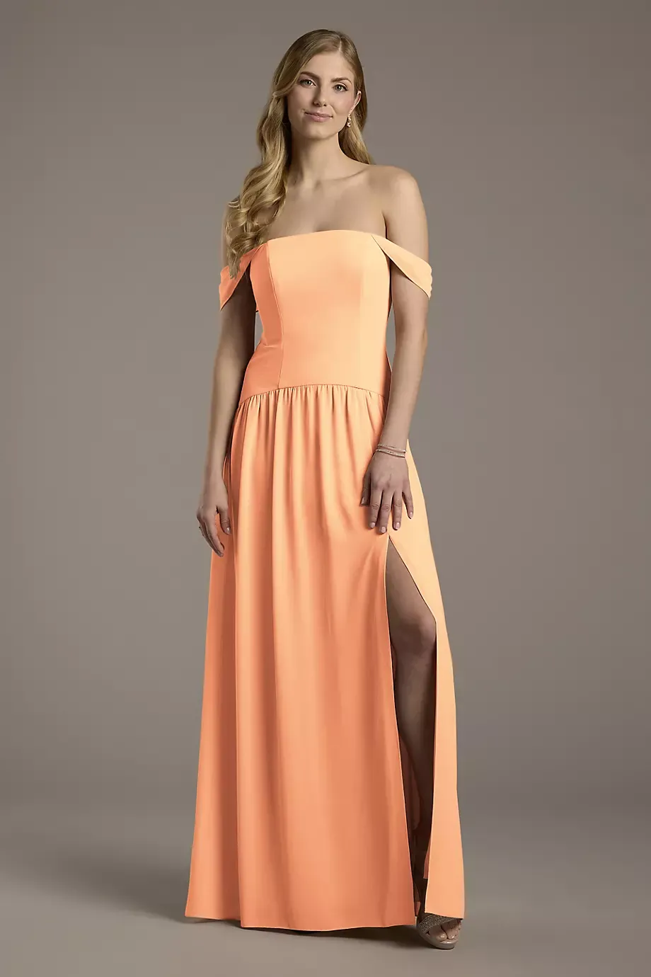 Celebrate DB Studio Chiffon Curved Drop Waist Off-The-Shoulder Dress in Orange Sorbet Size: 16 David's Bridal