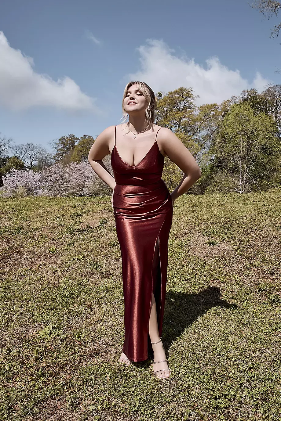 Celebrate DB Studio Sculpting Satin Spaghetti Strap Dress in Cinnamon Size: 4 David's Bridal