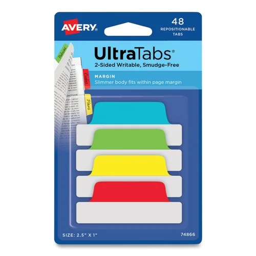 Avery 2.5 in. x 1 in. 1/5-Cut Ultra Tabs Repositionable Tabs - Assorted Colors (48/Pack) - 74866
