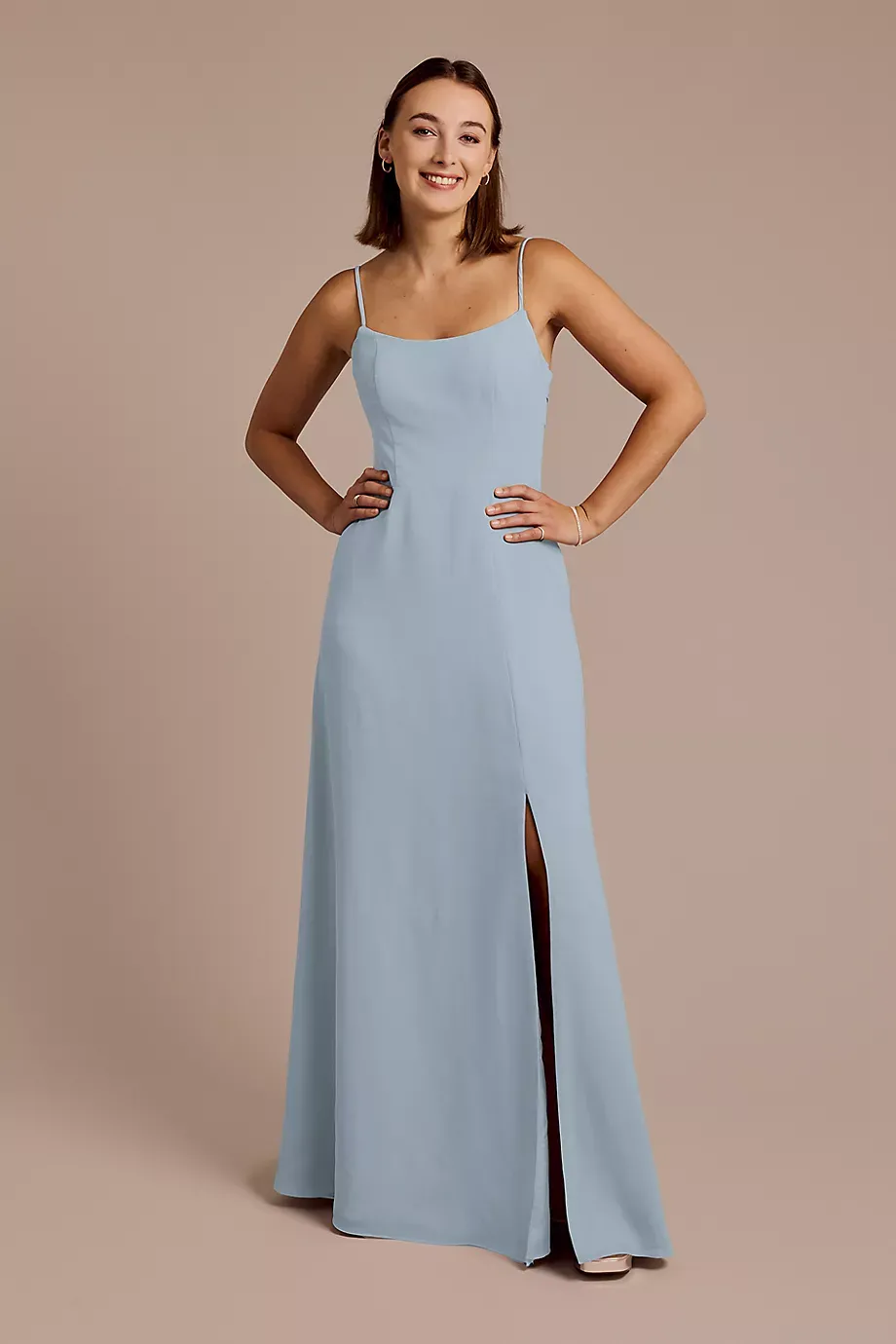 Celebrate DB Studio Spaghetti Strap Bow Back Chiffon Dress in Dusty Blue Size: 16 David's Bridal