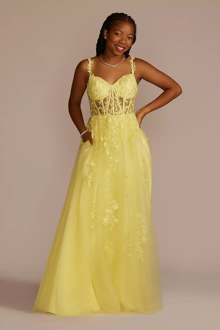 Jules and Cleo Floral Applique Ballgown With Illusion Corset in Canary Size: 16 David's Bridal