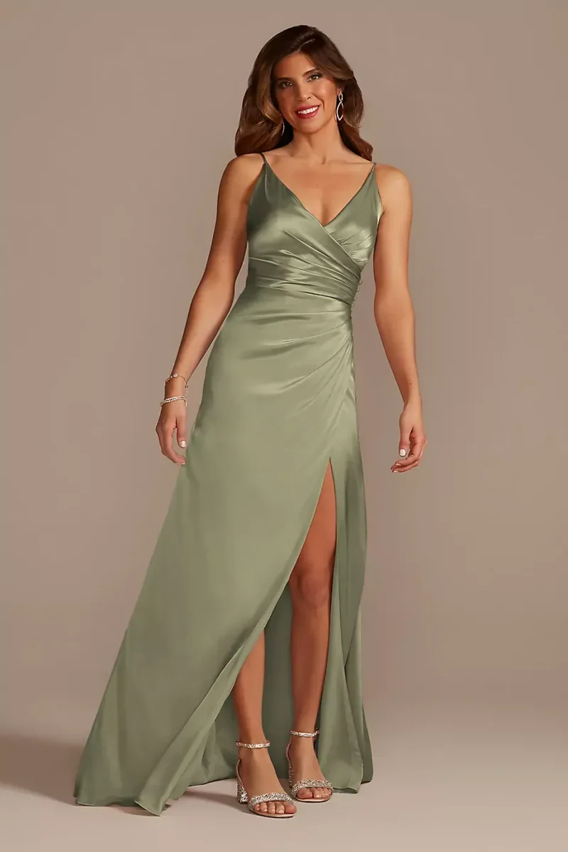 Galina Signature Charmeuse Draped Strappy Dress in Eucalyptus Size: 16 David's Bridal