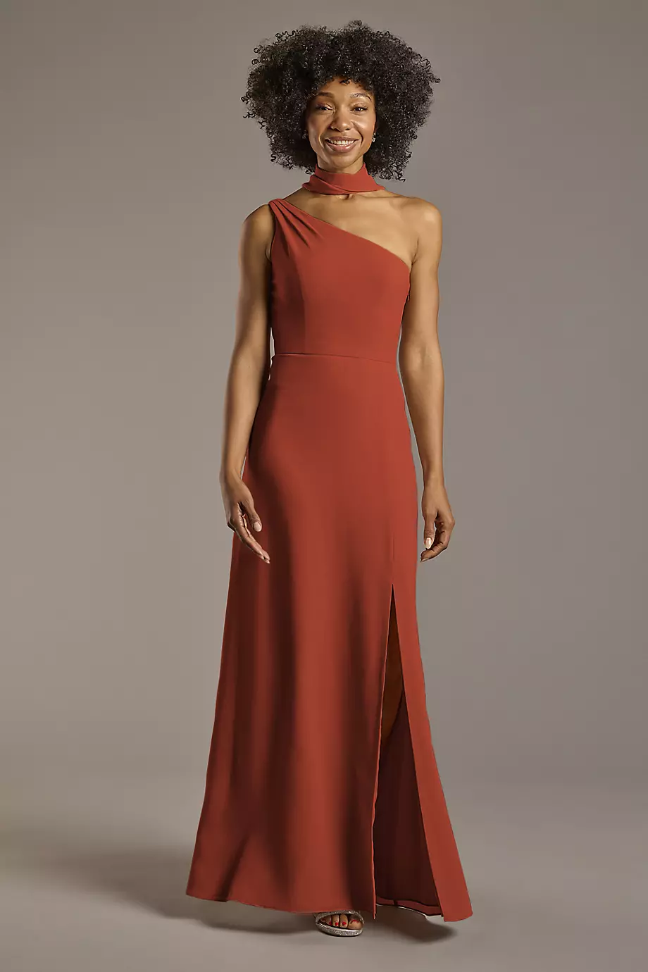 Celebrate DB Studio Convertible One-Shoulder Chiffon Dress in Cinnamon Size: 20 David's Bridal