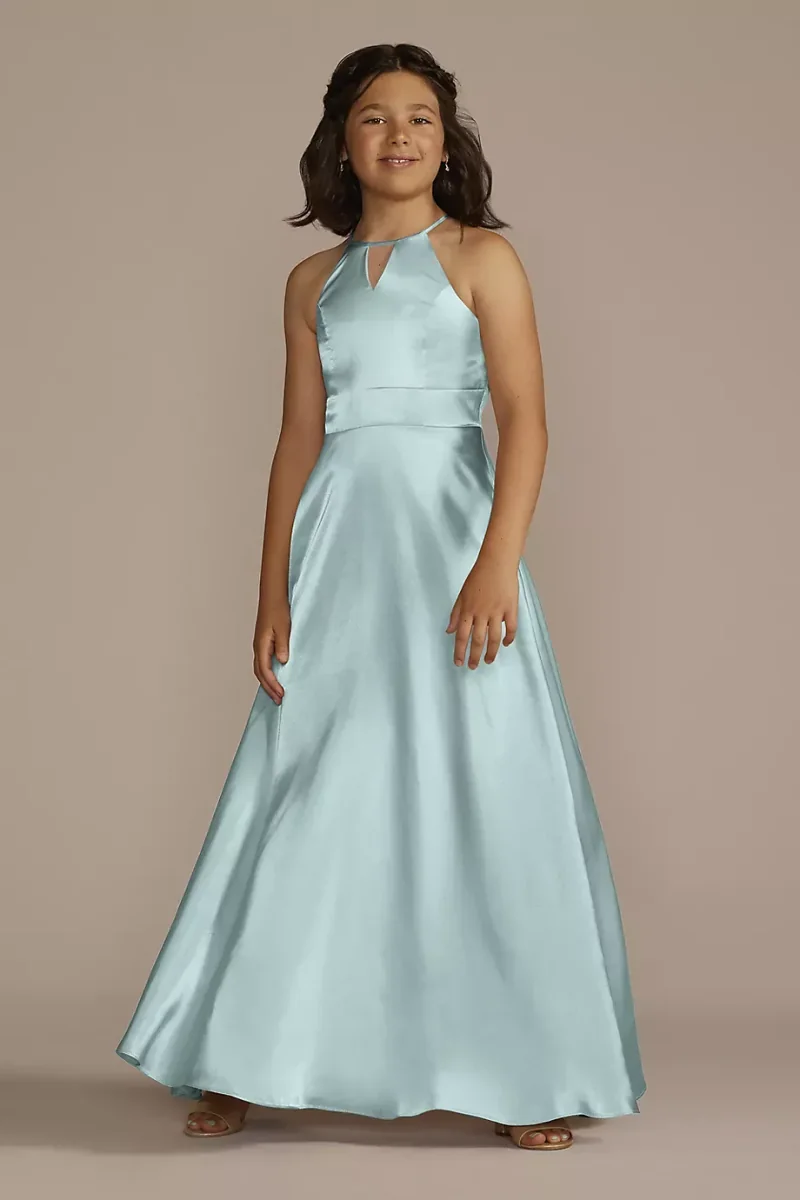 Galina Signature Charmeuse High-Neck Junior Bridesmaid Dress in Sky Blue Size: 8 David's Bridal