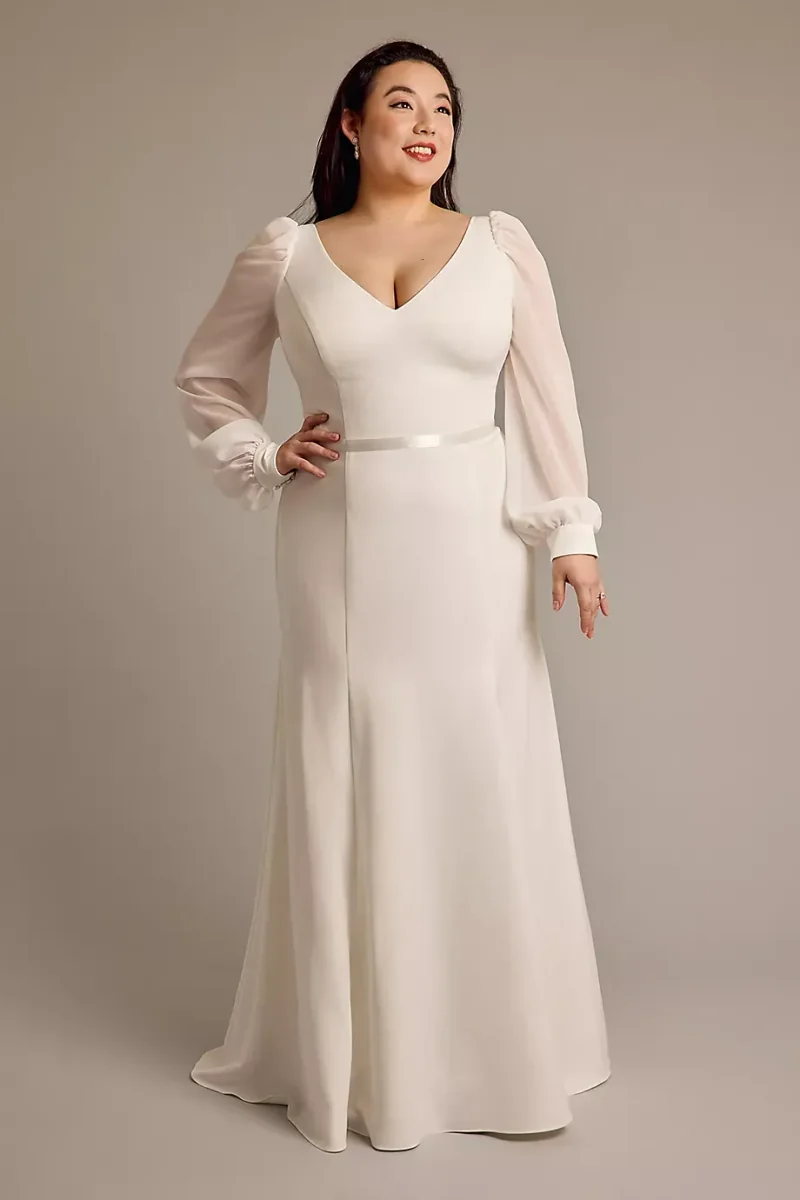 DB Studio Long Sleeve V-Neck Crepe Mermaid Wedding Dress in Ivory Size: 30W David's Bridal