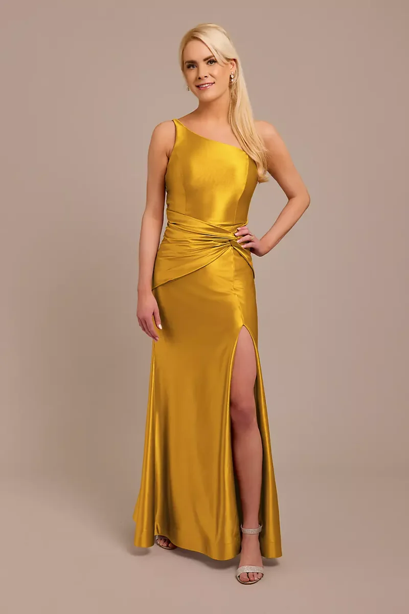 Galina Signature Sculpting Satin One-Shoulder Knot Dress in Butterscotch Size: 22 David's Bridal