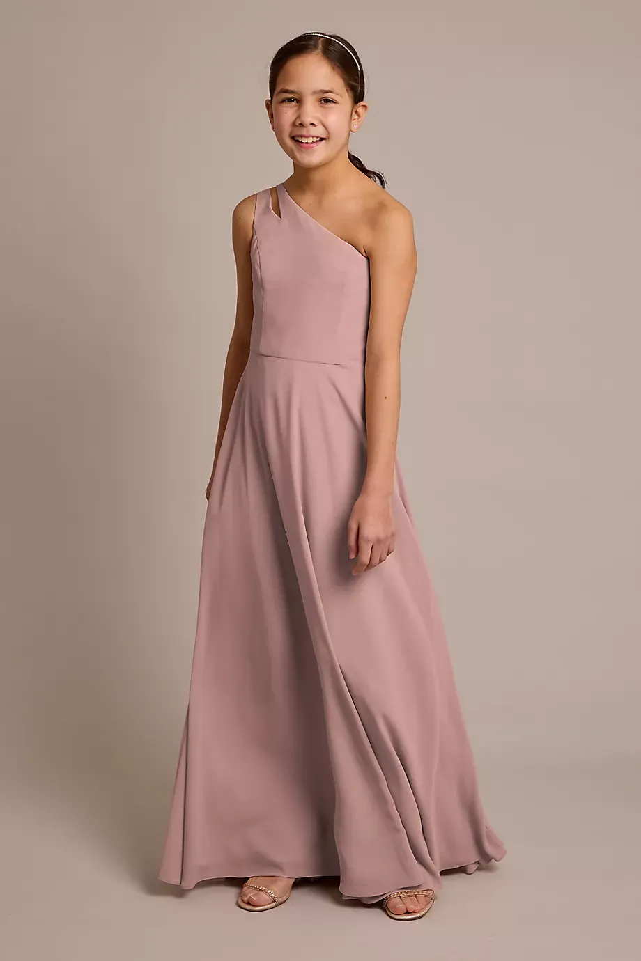 Celebrate DB Studio Chiffon One-Shoulder Junior Dress in Quartz Size: 8 David's Bridal