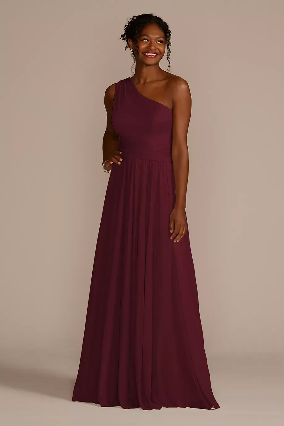 As Is Mesh One-Shoulder Bridesmaid Dress With Full in Wine Size: 8 David's Bridal