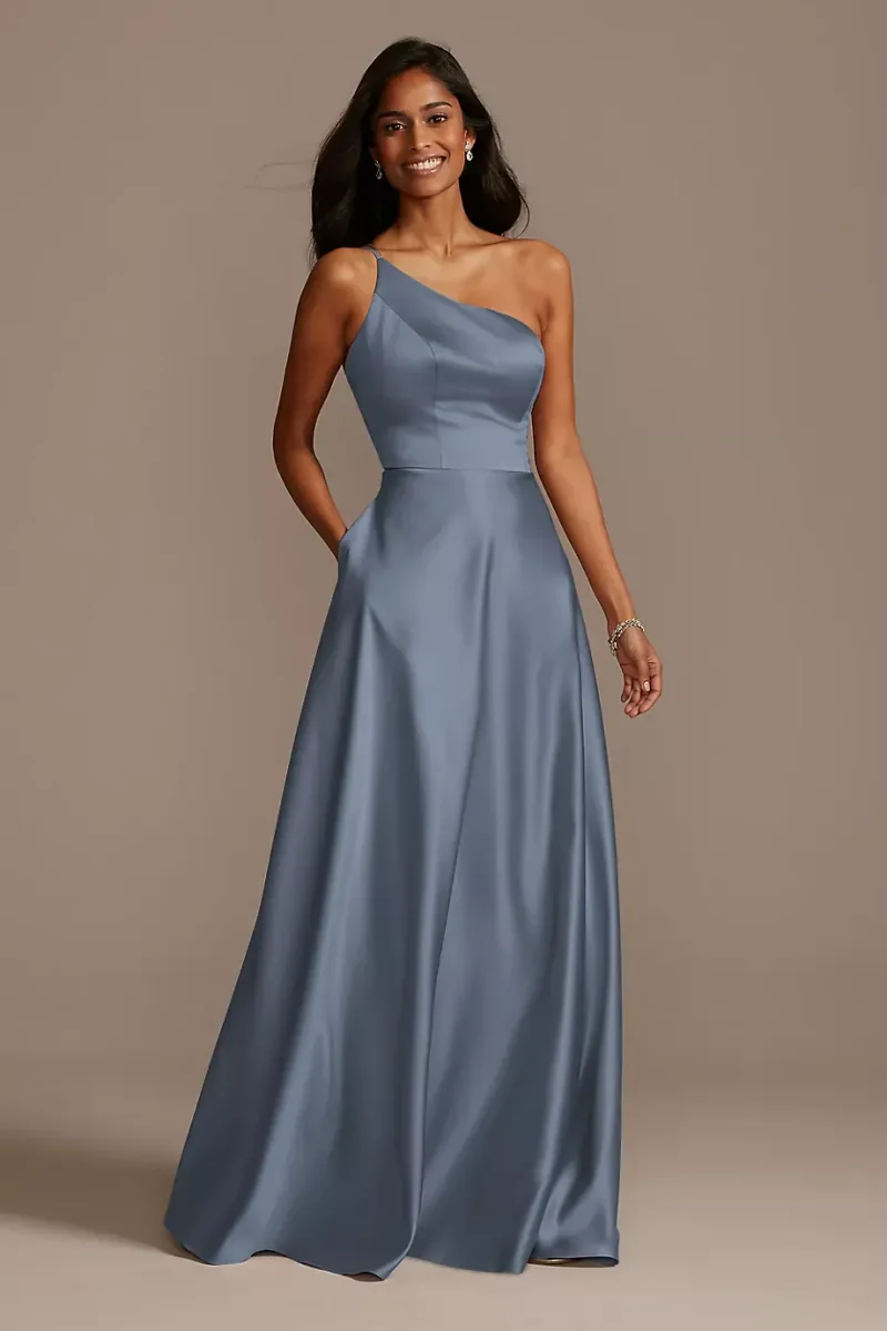 Celebrate DB Studio One Shoulder Satin A-Line Long Dress in Steel Blue Size: 22 David's Bridal