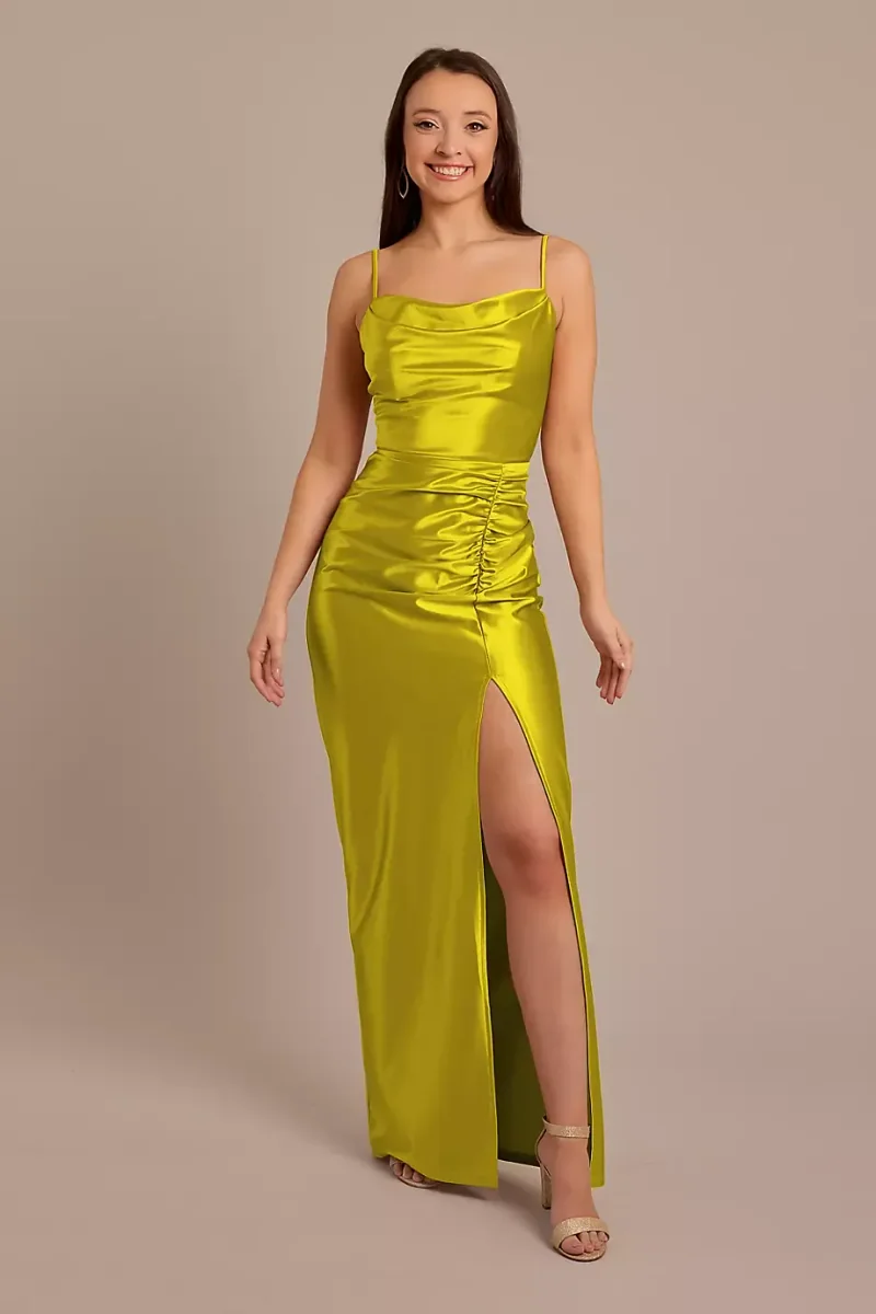 Celebrate DB Studio Sculpting Satin Cowl Neck Ruched Dress in Willow Green Size: 26 David's Bridal