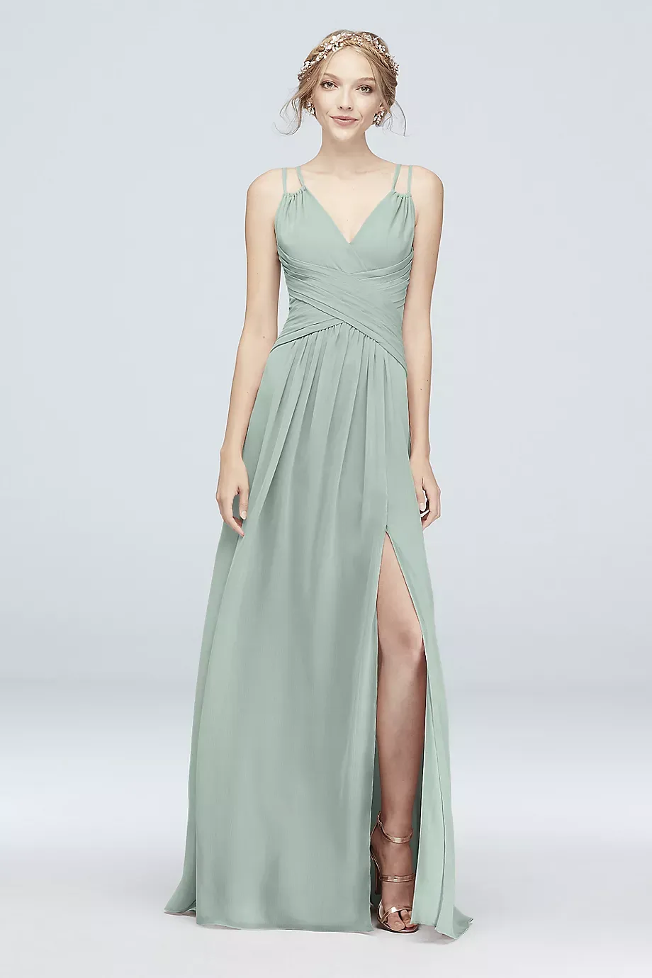 Plunge V-Neck Crinkle Chiffon Bridesmaid Dress in Dusty Sage Size: 0 David's Bridal