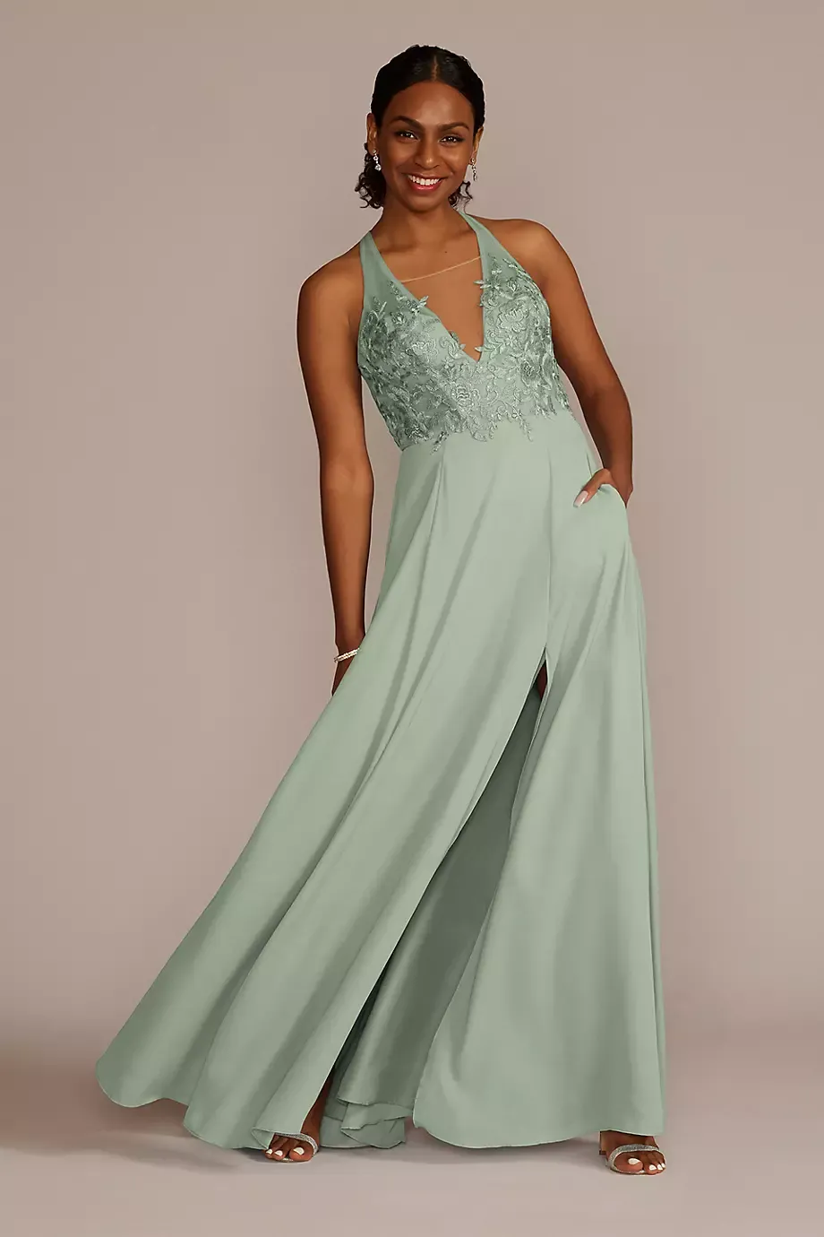 Galina Signature Halter Lace And Georgette Dress in Dusty Sage Size: 26 David's Bridal